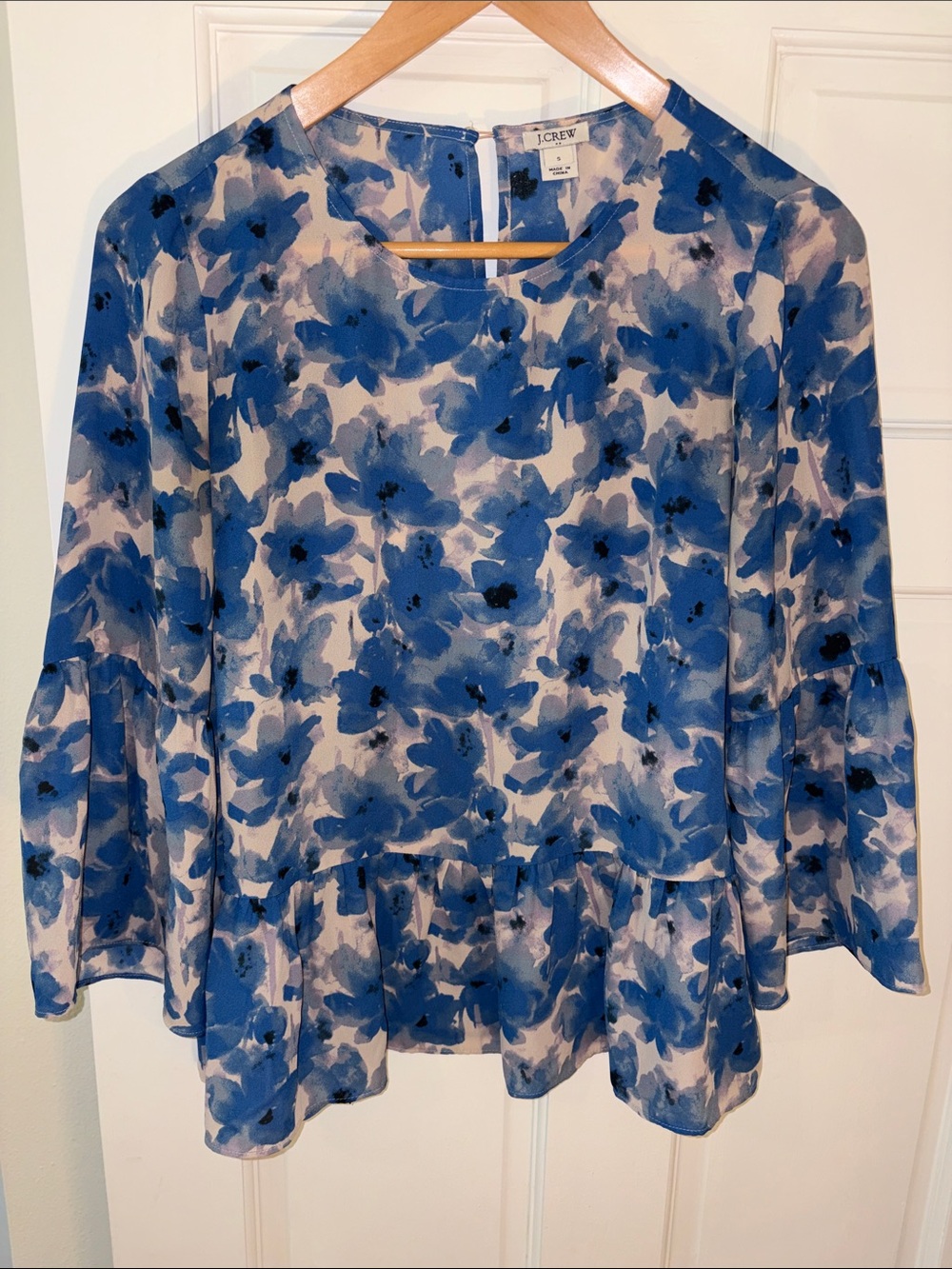 J. Crew Blue and White Floral Ruffle Hem Blouse